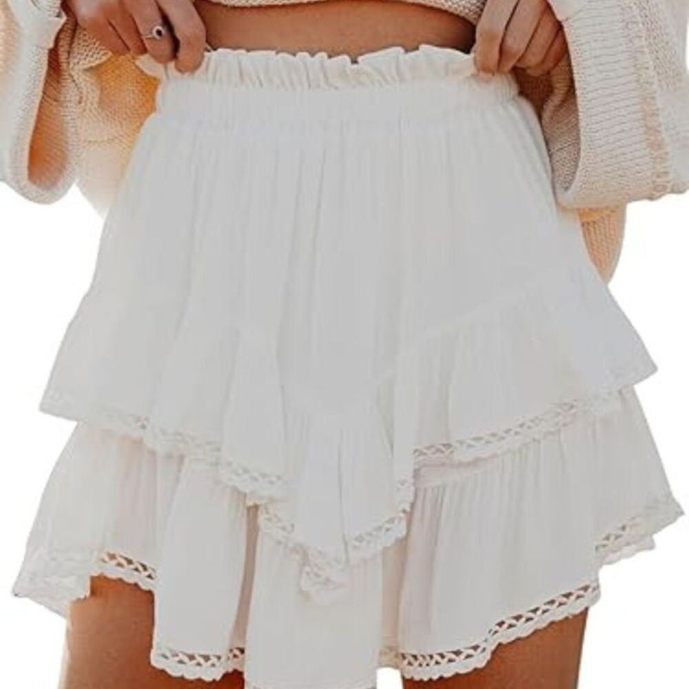 LEVEN SIXTEEN Boho Ruffle Tiered Mini Skirt White M